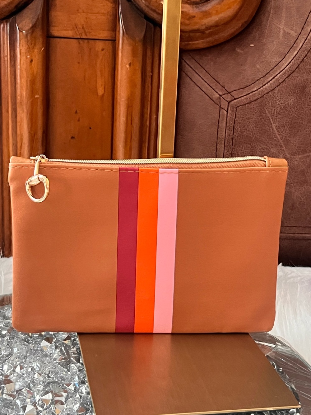 ipsy NWOT Tan Wristlet with Pink, Orange & Burgundy Stripes